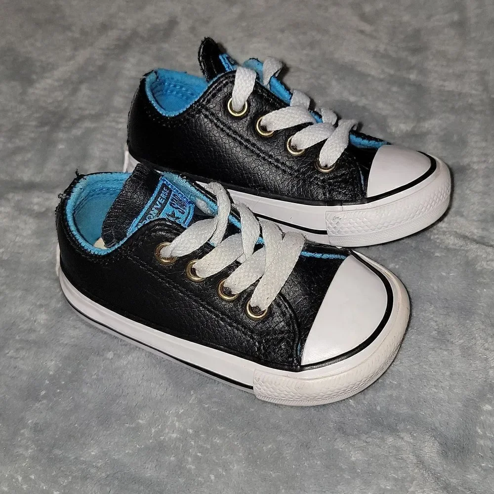 Converse All Stars Low Black Leather Blue Trim CTSA Shoes Baby Size 4
